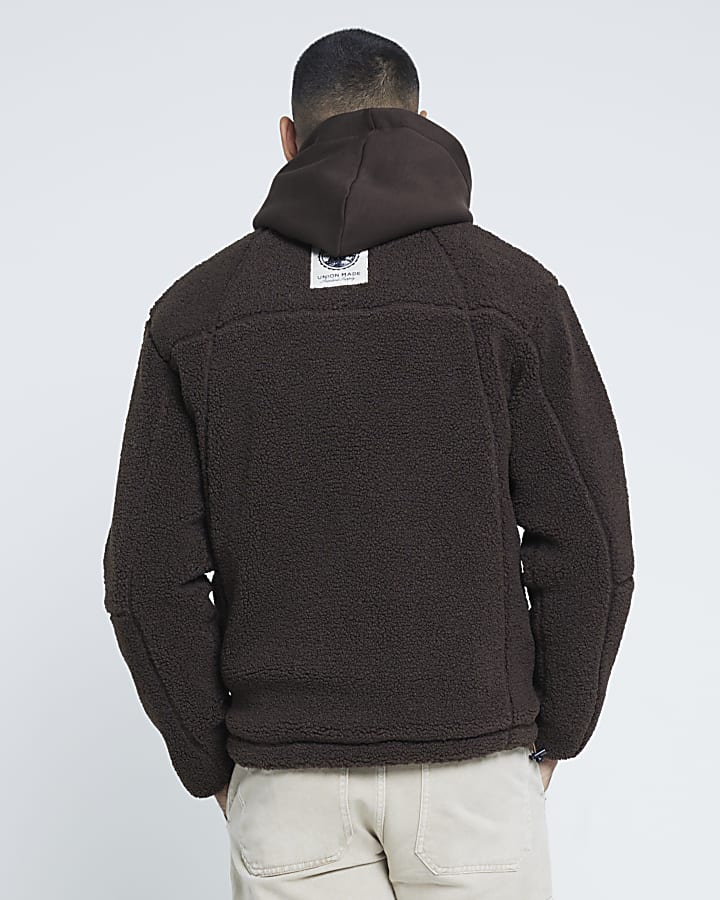 Brown Relaxed Fit Borg Half Zip Jumper