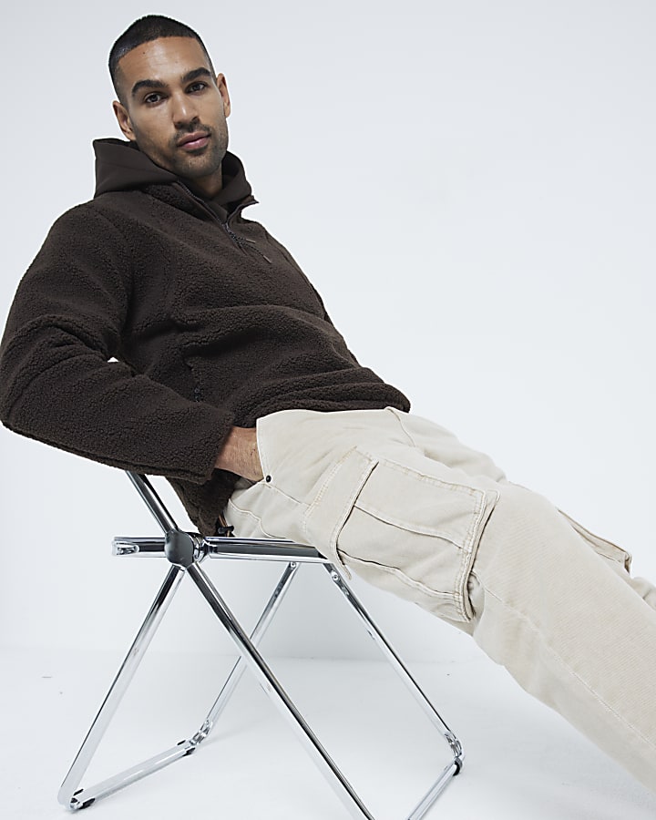 Brown Relaxed Fit Borg Half Zip Jumper