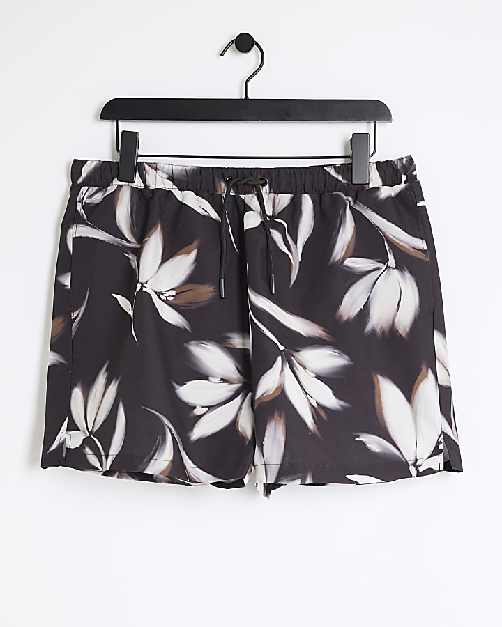 Black regular fit blur floral swim shorts