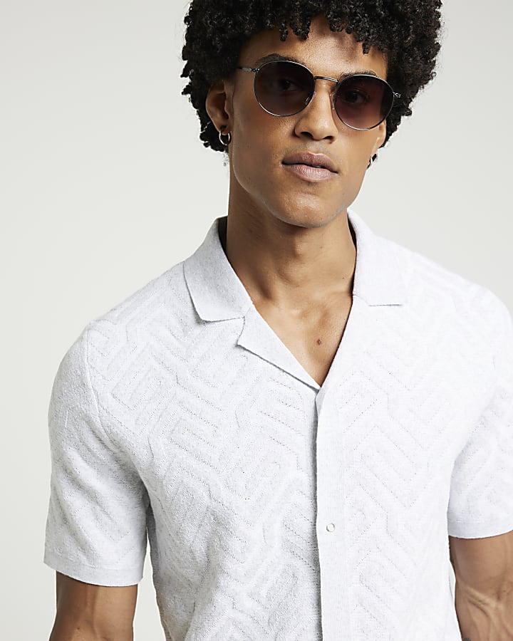 Grey regular fit knit geometric shirt