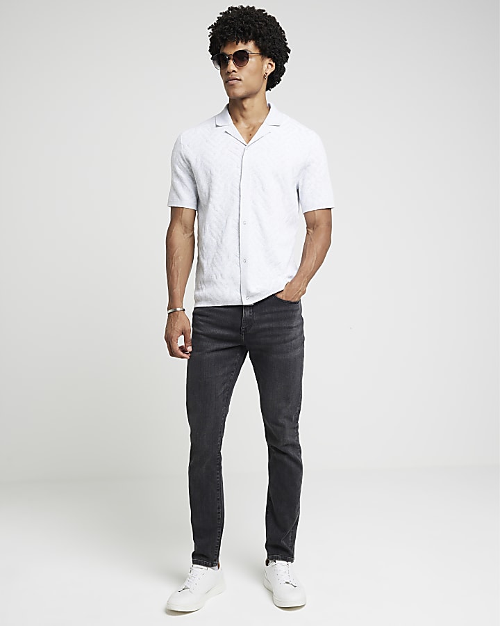 Grey regular fit knit geometric shirt