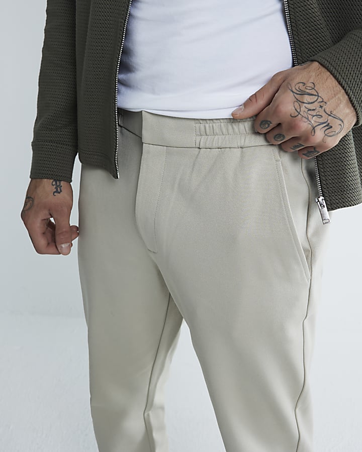 Beige Slim Fit Pull On Twill Joggers