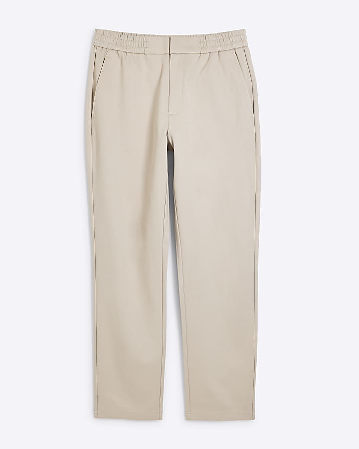 Beige Slim Fit Pull On Twill Joggers