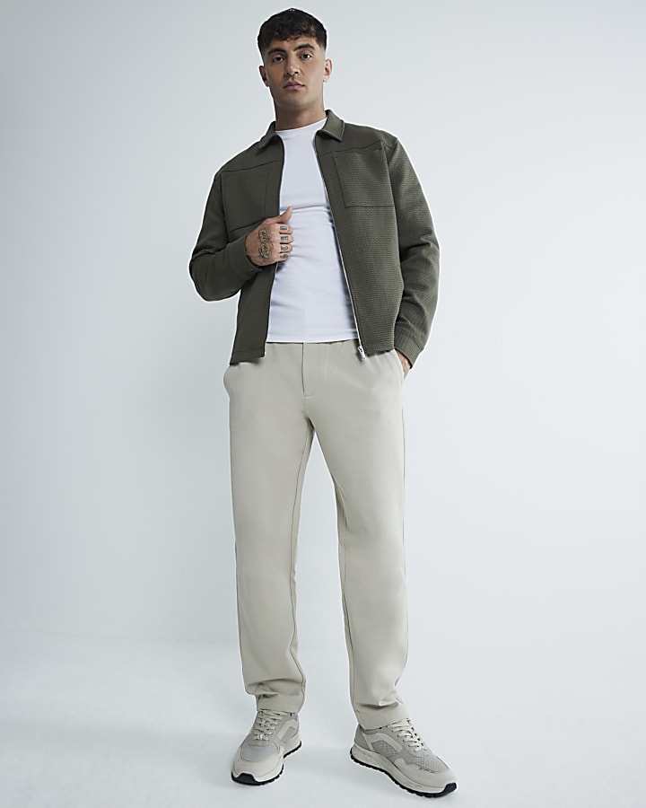Beige Slim Fit Pull On Twill Joggers