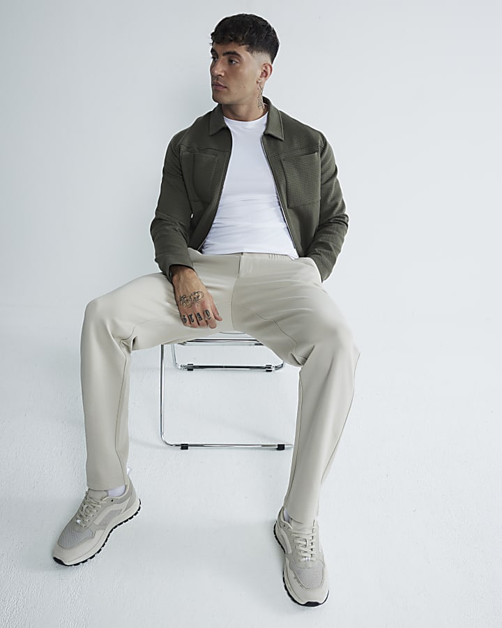Beige Slim Fit Pull On Twill Joggers