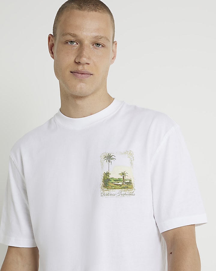 White regular fit palm tree graphic t-shirt