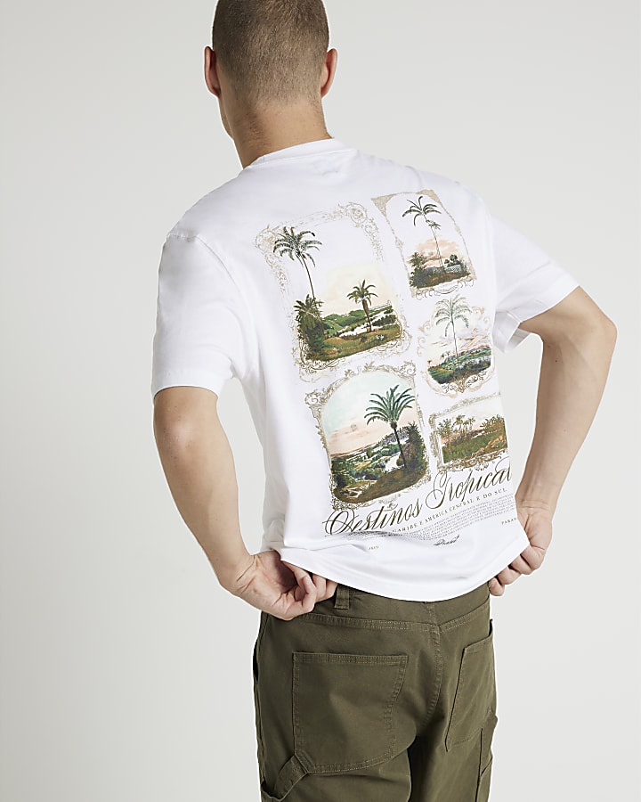 White regular fit palm tree graphic t-shirt