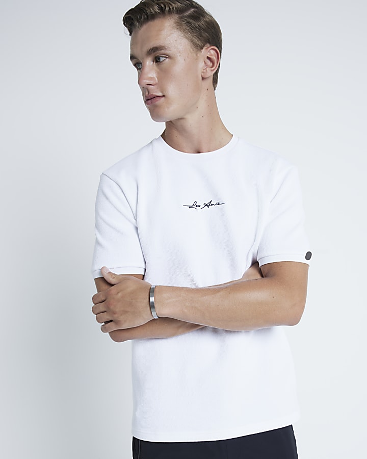 White slim fit stretch embroidery t-shirt