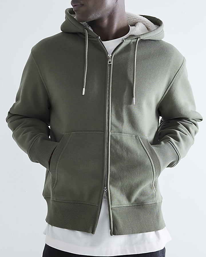 Khaki Regular Fit Borg Lined Hoodie