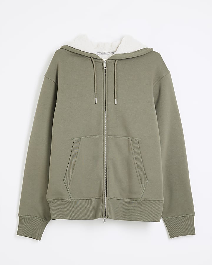 Khaki Regular Fit Borg Lined Hoodie