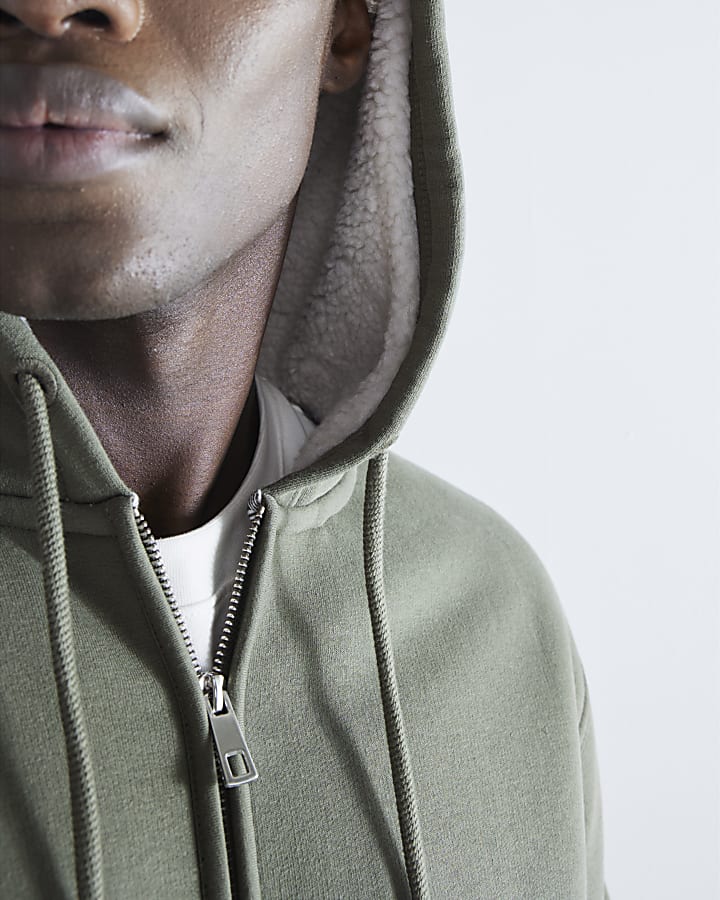 Khaki Regular Fit Borg Lined Hoodie