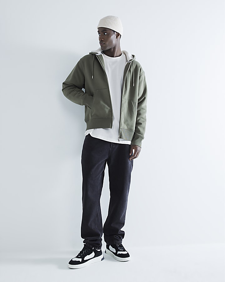 Khaki Regular Fit Borg Lined Hoodie