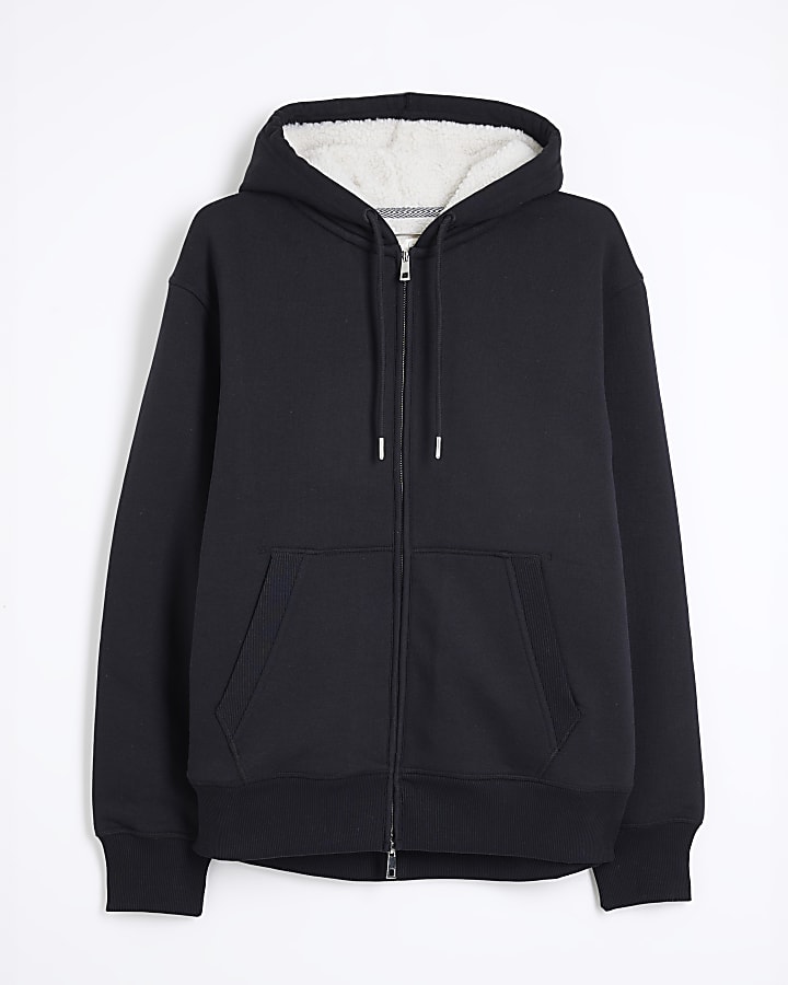 Black Regular Fit Borg Lined Hoodie