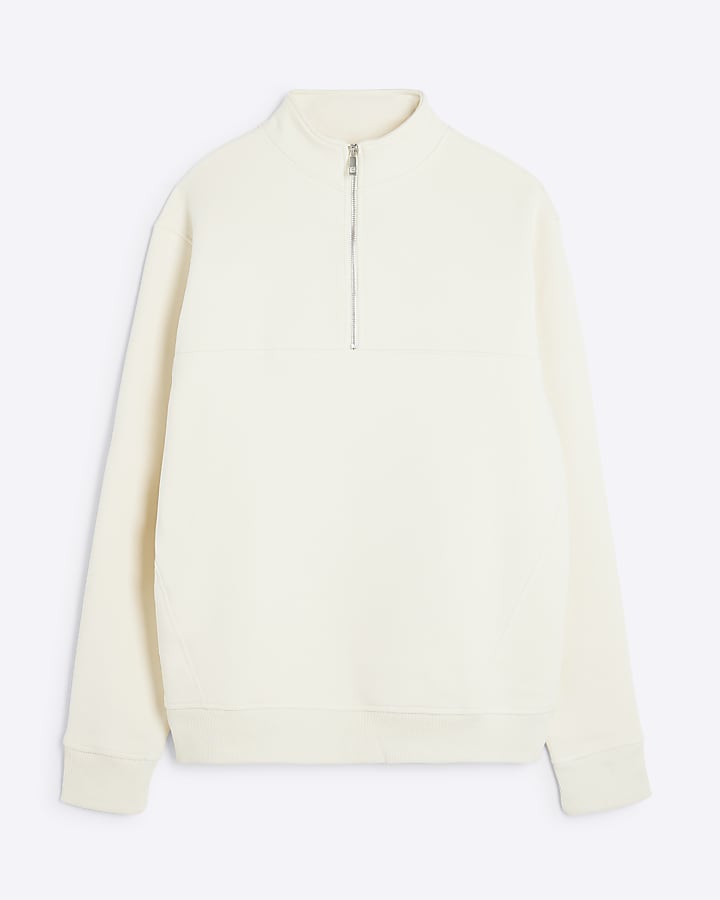 Cream regular fit zip funnel sweatshirt