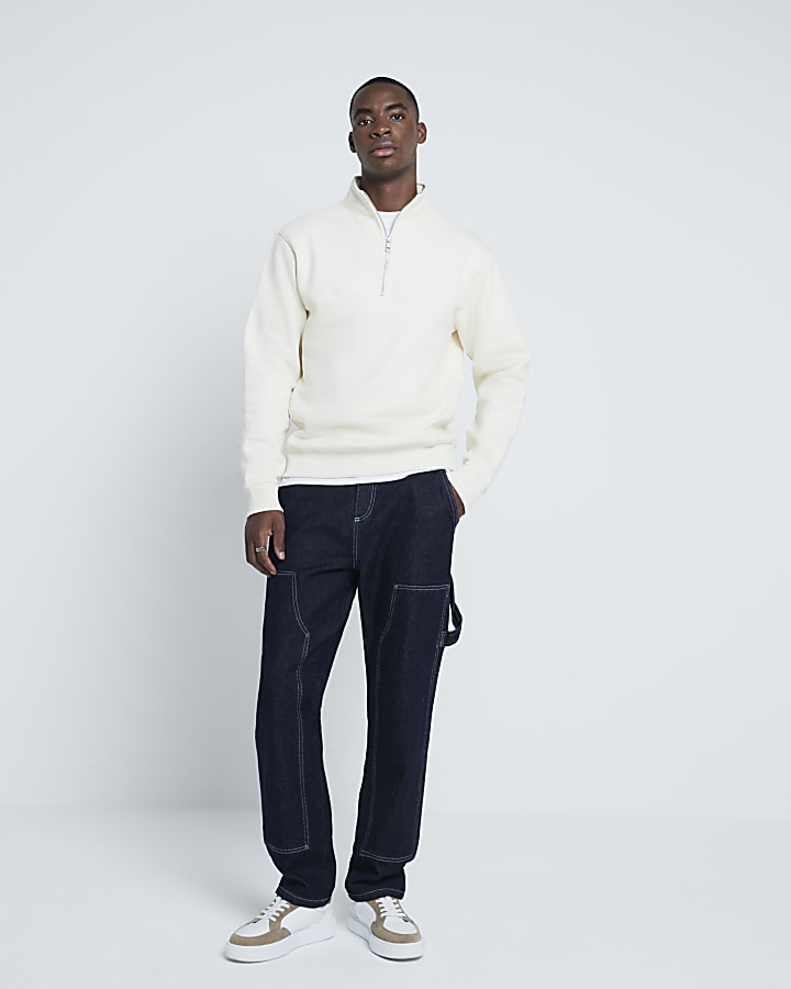 Cream regular fit zip funnel sweatshirt