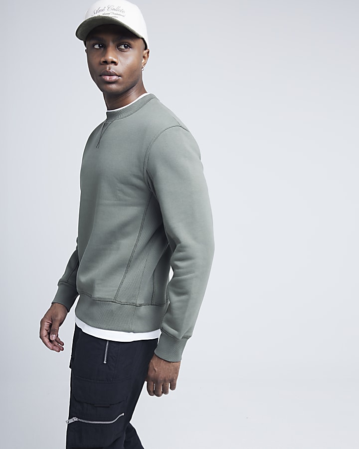 Khaki regular fit stitched sweatshirt