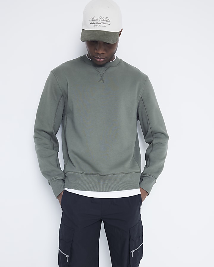 Khaki regular fit stitched sweatshirt