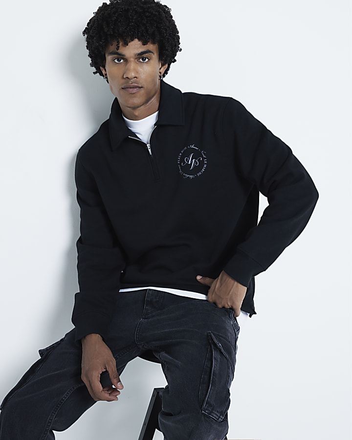 Black regular fit graphic half zip sweatshirt