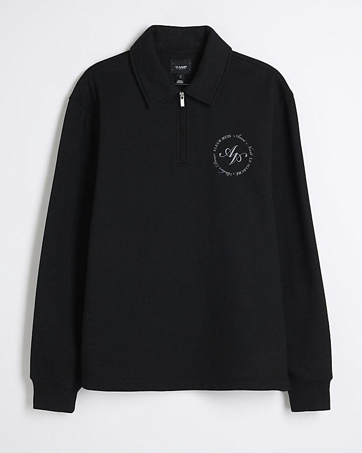 Black regular fit graphic half zip sweatshirt