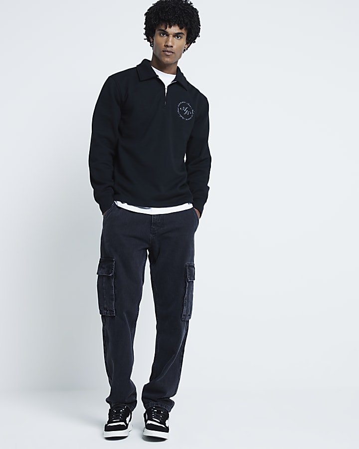 Black regular fit graphic half zip sweatshirt
