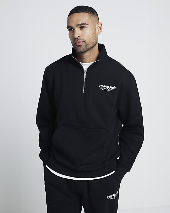 Black regular fit graphic half zip sweatshirt