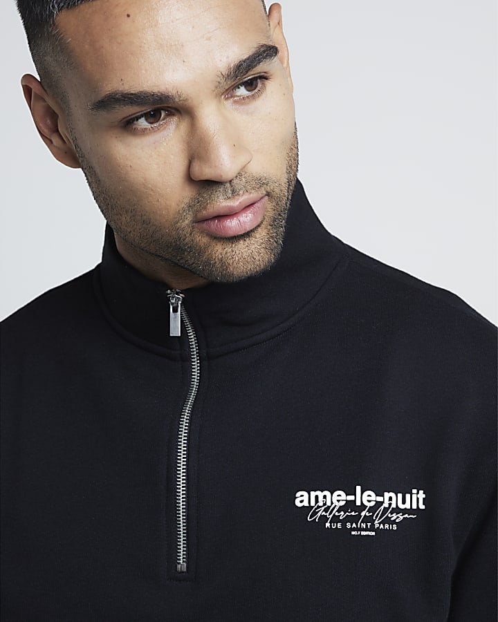 Black regular fit graphic half zip sweatshirt