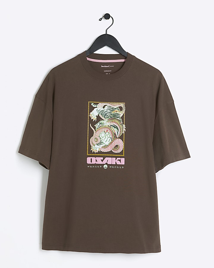 Brown regular fit tiger graphic t-shirt