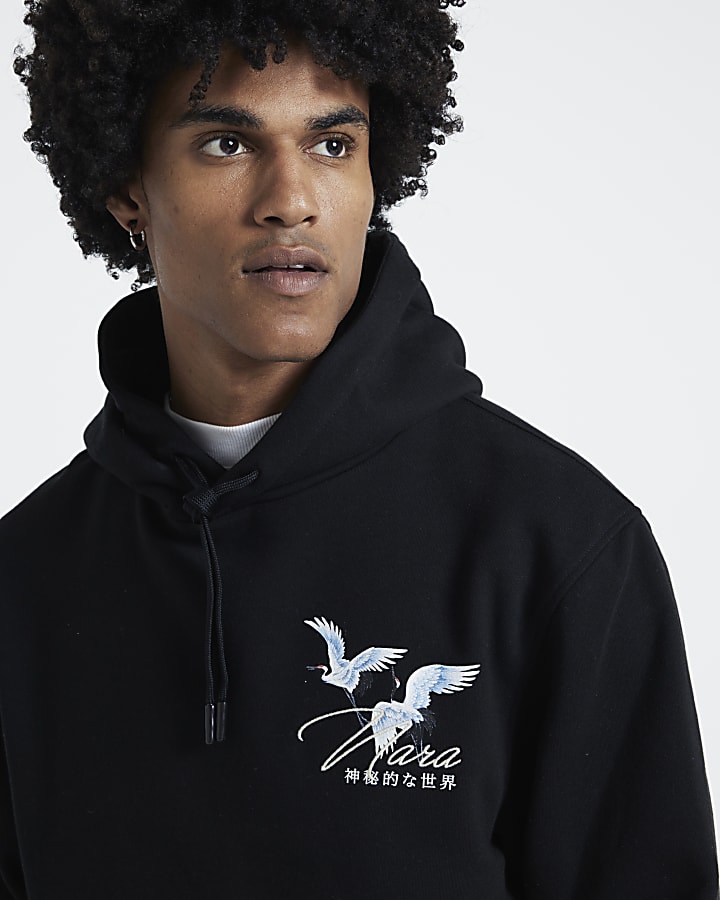 Black Regular Fit Nara Crane Print Hoodie