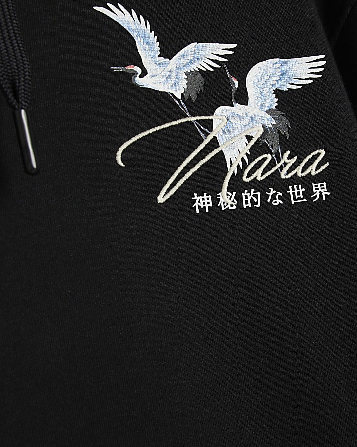 Black Regular Fit Nara Crane Print Hoodie