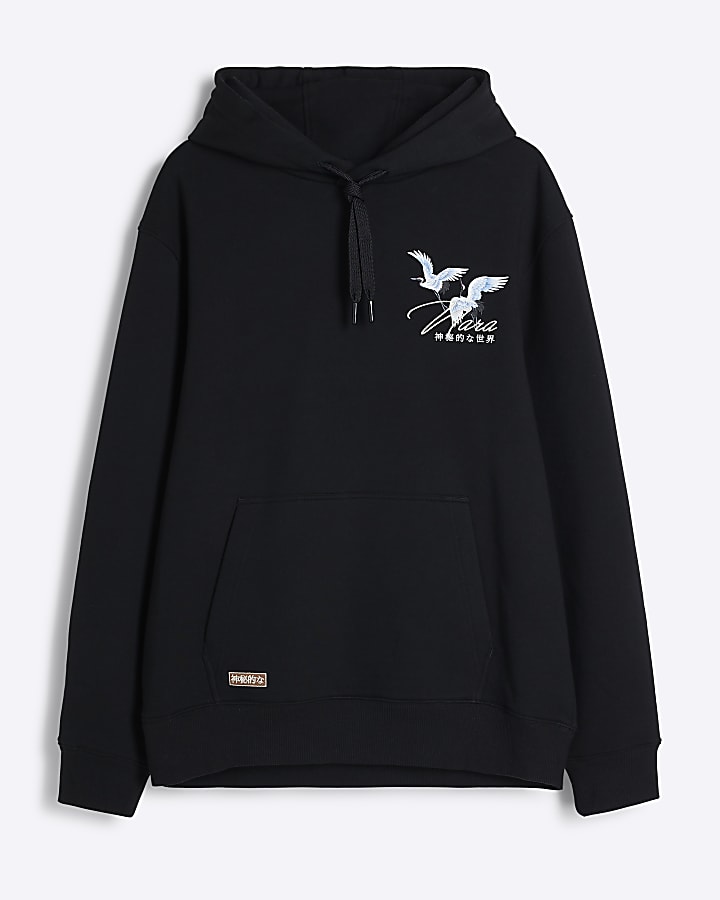 Black Regular Fit Nara Crane Print Hoodie