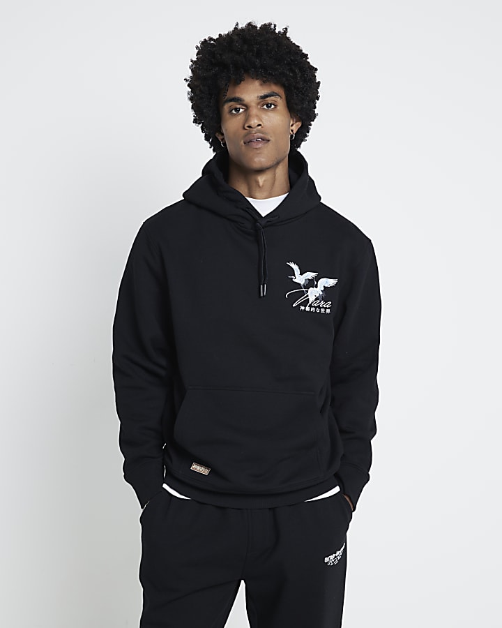 Black Regular Fit Nara Crane Print Hoodie