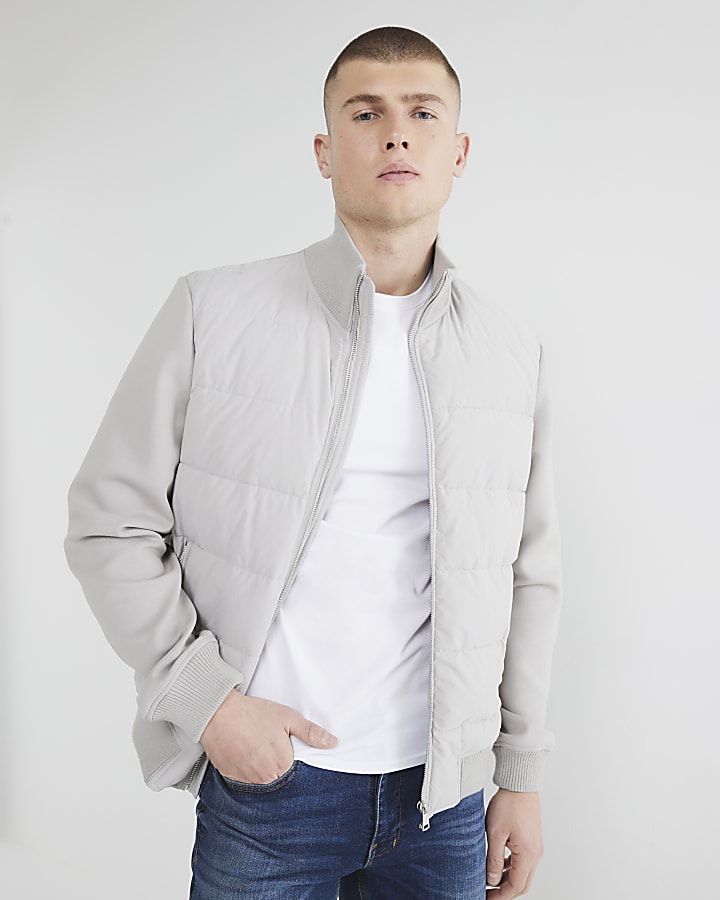 Grey Hybrid Quilted Funnel Neck Jacket