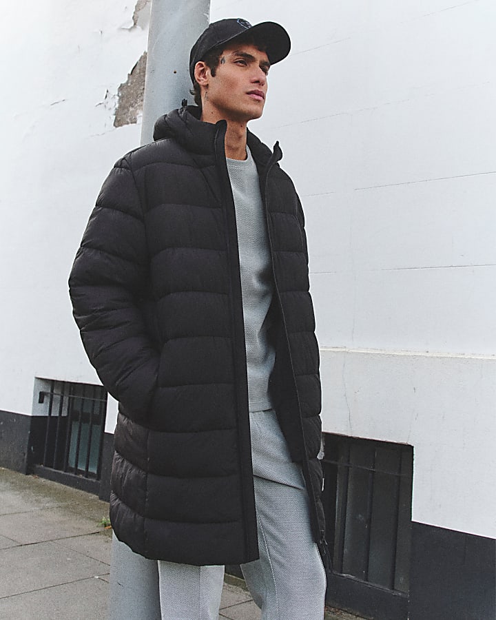 Black Essential Hooded Midi Puffer Jacket River Island