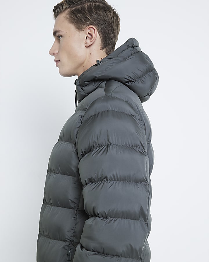 Grey Essential Hooded Midi Puffer Jacket River Island