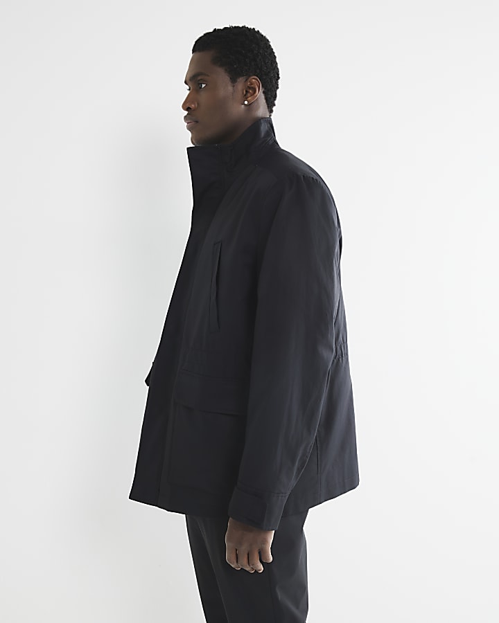 Black Funnel Neck Multi Pocket Jacket