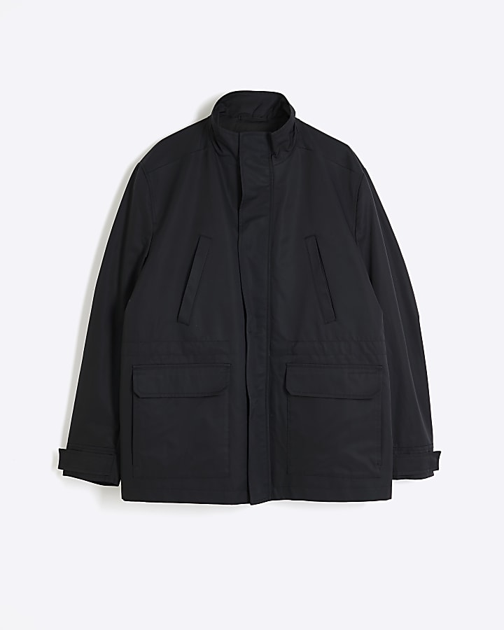 Black Funnel Neck Multi Pocket Jacket