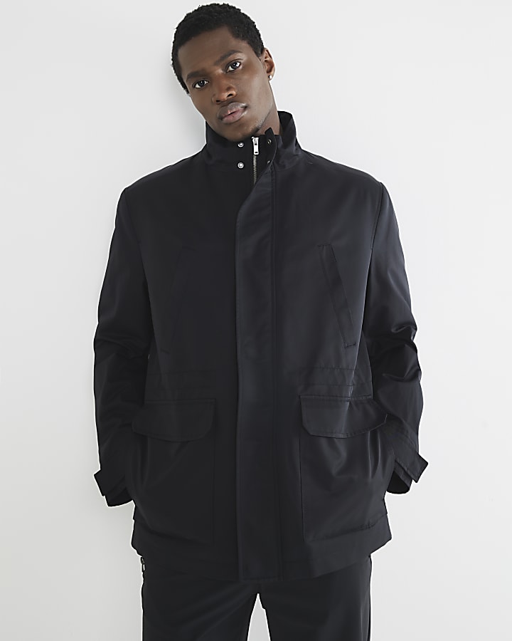 Black Funnel Neck Multi Pocket Jacket