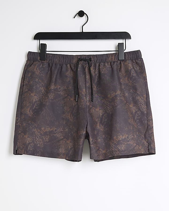 Brown regular fit camo swim shorts