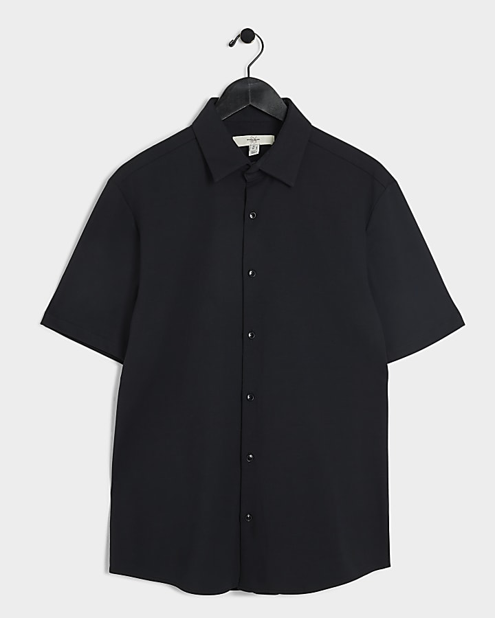 Black slim fit stretch short sleeve shirt