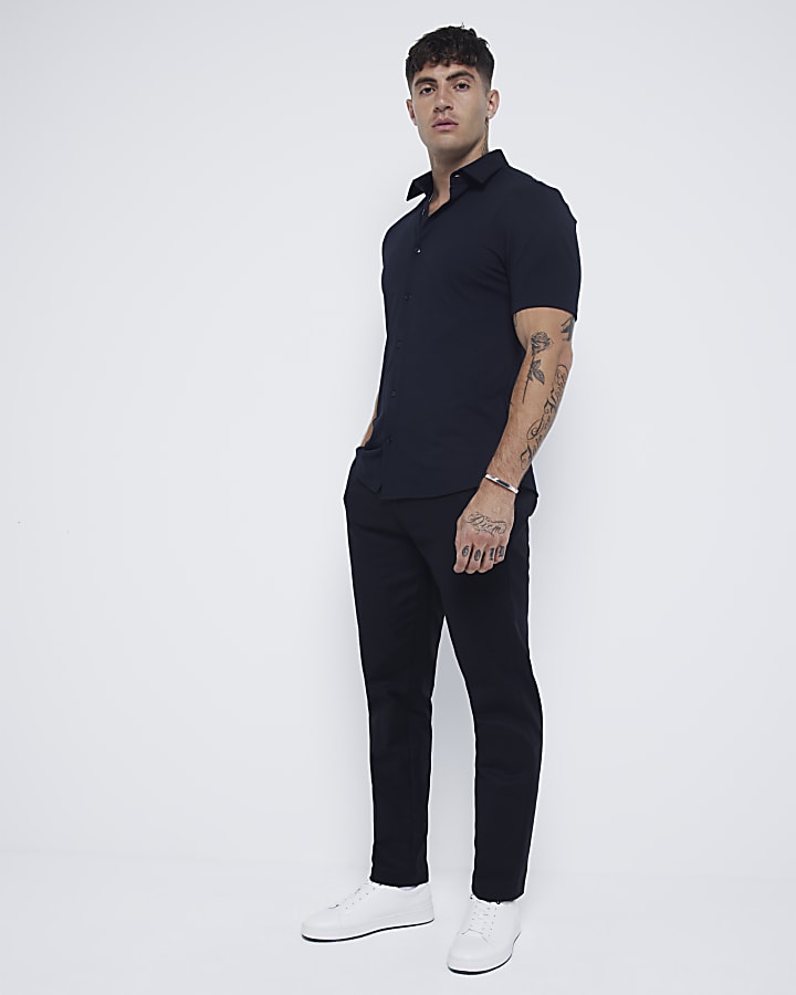 Black slim fit stretch short sleeve shirt