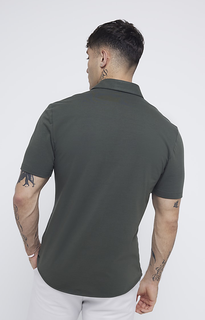 Khaki slim fit stretch short sleeve shirt