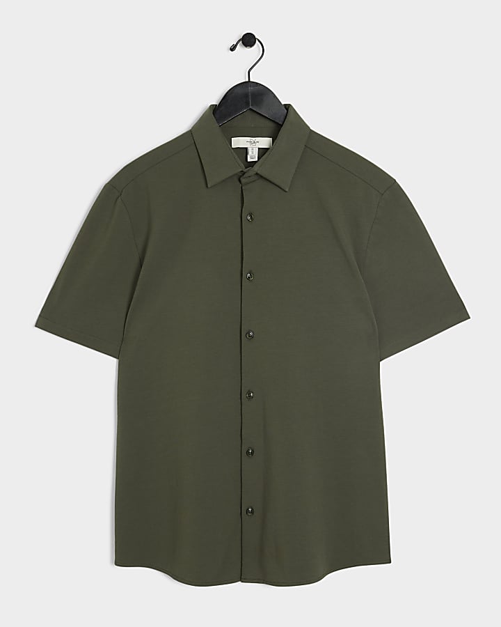 Khaki slim fit stretch short sleeve shirt