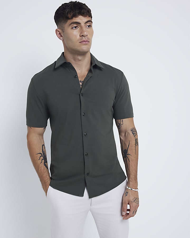 Khaki slim fit stretch short sleeve shirt