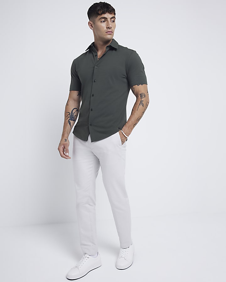 Khaki slim fit stretch short sleeve shirt