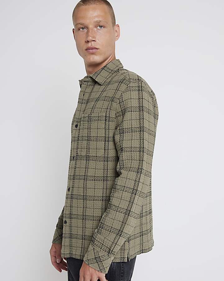 Khaki regular fit waffle texture check shirt