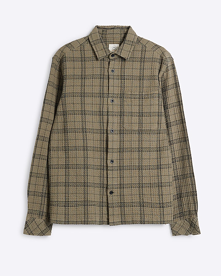 Khaki regular fit waffle texture check shirt