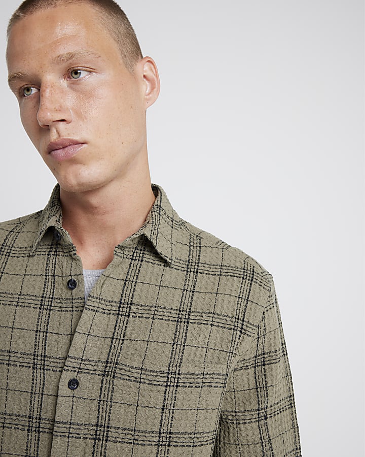 Khaki regular fit waffle texture check shirt