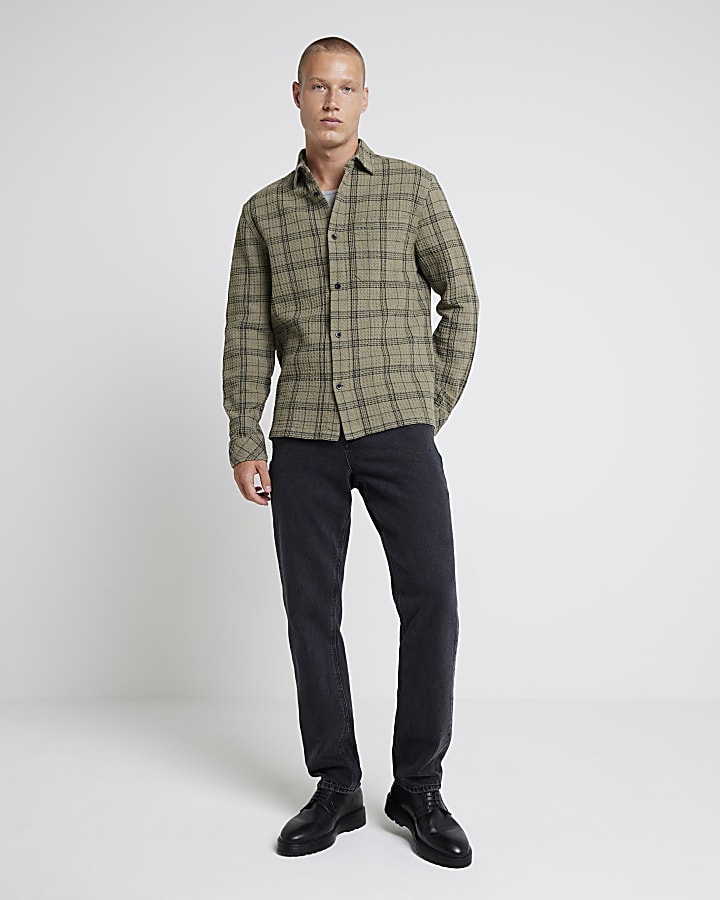 Khaki regular fit waffle texture check shirt