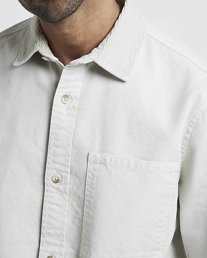 Beige Regular Fit Cord Collar Shirt