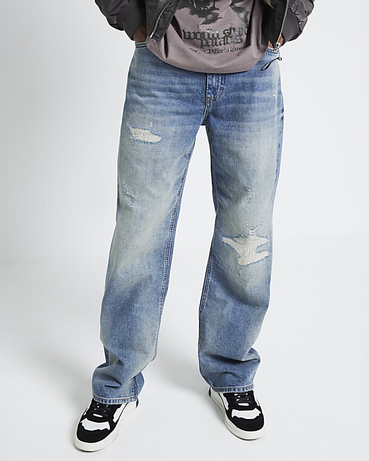 Blue loose fit ripped jeans
